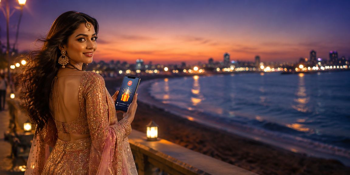 Chennai Marina Beach evening with a Bollywood-themed slot banner