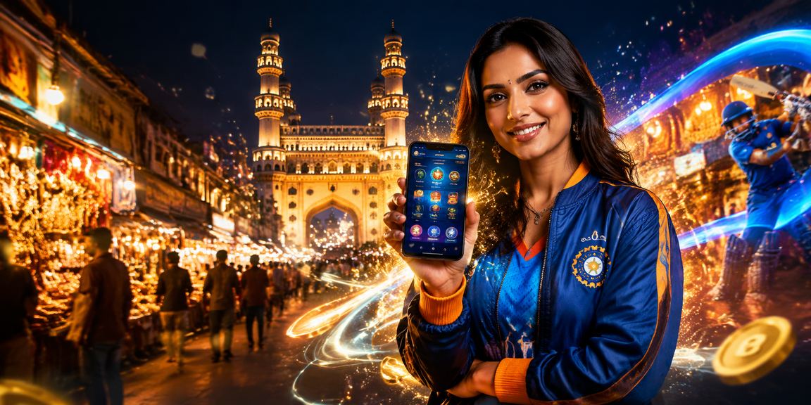 Hyderabad Charminar illuminated at night with a vibrant cricket betting market